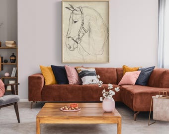 Horse in Bridle Sketch Art Print, Equestrian Wall Decor