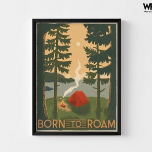 Retro Camping Poster, Framed Camping Poster Oversized Wall Art, Vintage Camping Poster, Camping Wall Art, Nature Large Wall Art Black Frame