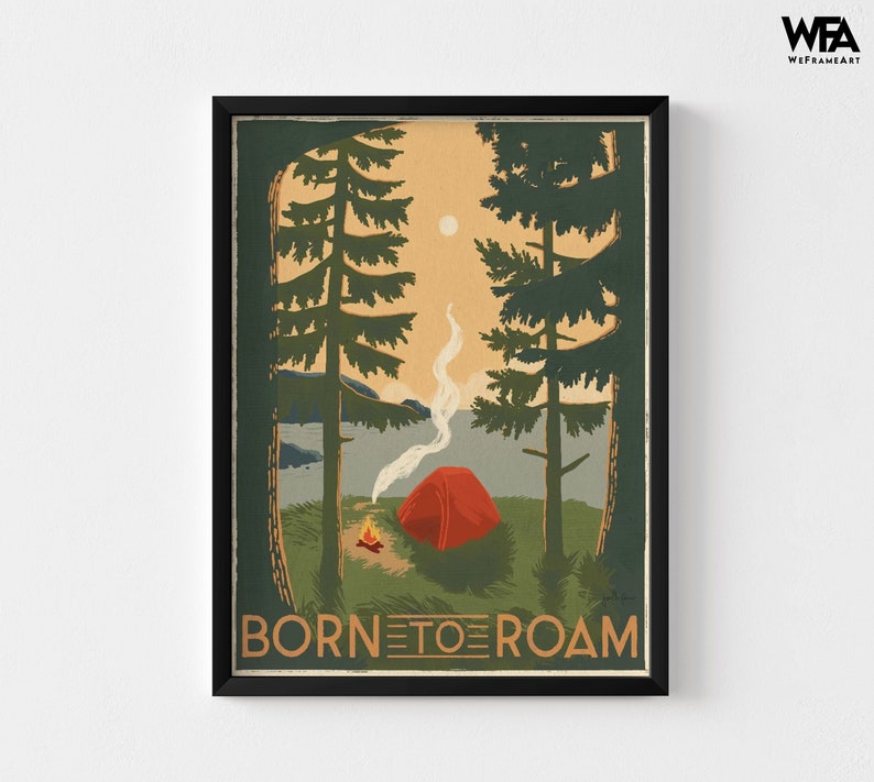 Retro Camping Poster, Framed Camping Poster Oversized Wall Art, Vintage Camping Poster, Camping Wall Art, Nature Large Wall Art Black Frame