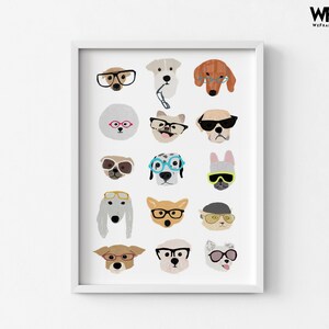 Dogs with Glasses by Hanna Melin, Doggo Wall Art, Cute Dog Nursery Print, Baby Nursery Gift Idea, Gender Neutral Playroom Decor White Frame