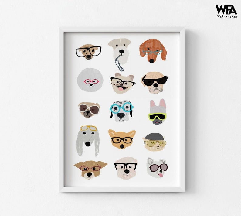 Dogs with Glasses by Hanna Melin, Doggo Wall Art, Cute Dog Nursery Print, Baby Nursery Gift Idea, Gender Neutral Playroom Decor White Frame