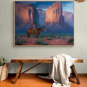 Cowboy Desert Landscape Oil Painting Print, Framed Western Wall Art