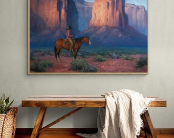 Cowboy Desert Landscape Oil Painting Print, Framed Western Wall Art