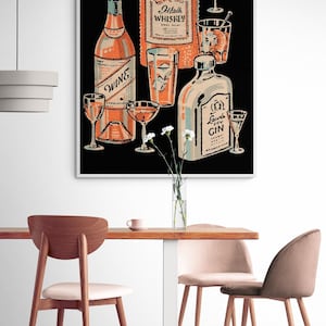 Liquor Bottles Poster Print, Framed Gin Bottle, Whiskey Wall Art, Wine Lover Gift, Booze Poster Print, Bar Cart Art, Framed Wall Art