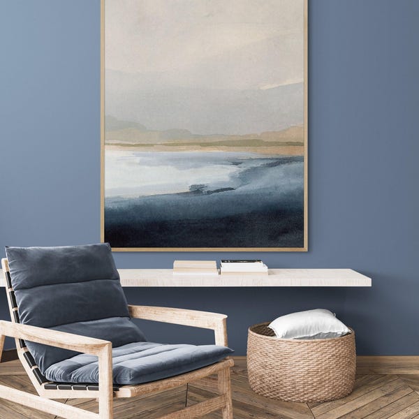 Navy Blue Beach Landscape Painting Print, Framed Wall Art