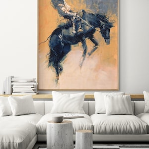 Wild Black Horse Rodeo Cowboy Painting Print, Wild West Themed Bar Inspo Poster Print, Equestrian Artwork Farmhouse Decor Idea