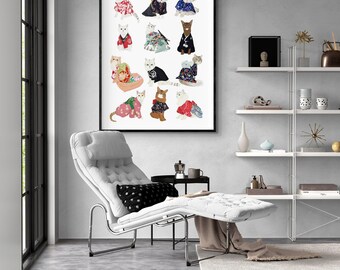 Japanese Cats in Kimonos Art Print, Neko Illustration, Cat Lover Gift