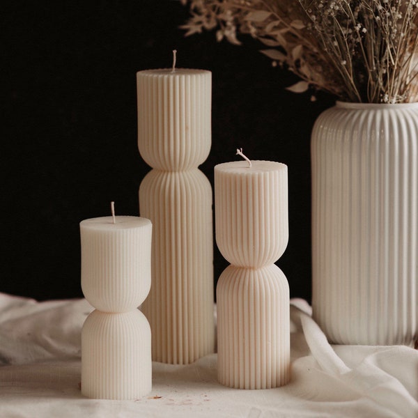 Tall Ribbed Pillar Candle - Aesthetic Room Decor, Wedding table decor, Dinner Candles, Candle Gift Set, coffee Table decor