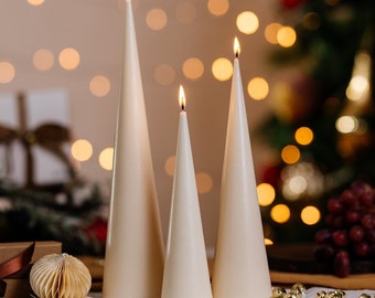 Cone Christmas Candles - Trio of Pillar Candles, Minimal Room Decor, Christmas Table decor, Tall Aesthetic Dinner Candles, Candle Gift Set