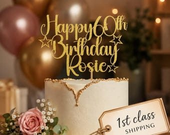 Personalized Cake Topper, Custom Name age Birthday Topper, Glitter Card