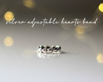 Valentine's Day Gift, S925 Adjustable Hearts Ring, Hearts Ring Band Adjustable, Silver Adjustable Ring, Anniversary Gift, Gift for Her|Lover