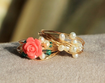 Valentine's Day Gift, Wire Wrapped Rose Flower Pearl Ring: Gold Plated Copper, Resin Rose, Gift for Her, Gift for Lover