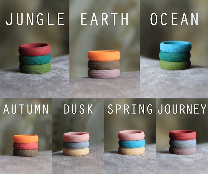May include: Stackable silicone rings in various colors and patterns, including Jungle, Earth, Ocean, Autumn, Dusk, Spring, Journey. The rings are made of a soft, comfortable material and are perfect for everyday wear.