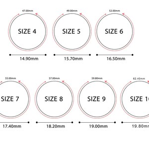 May include: A chart showing ring sizes with corresponding measurements in millimeters. The chart shows sizes 4 through 10 with the corresponding inner circumference of each size.