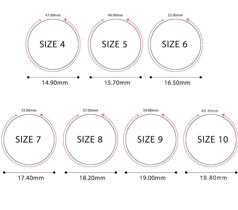May include: A chart showing ring sizes with corresponding measurements in millimeters. The chart shows sizes 4 through 10 with the corresponding inner circumference of each size.