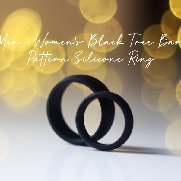 Black Silicone Ring - Tree Bark Texture, Men's and Women's, Silicone Couple Ring, Lightweight and high-quality, Silicone Wedding Bands