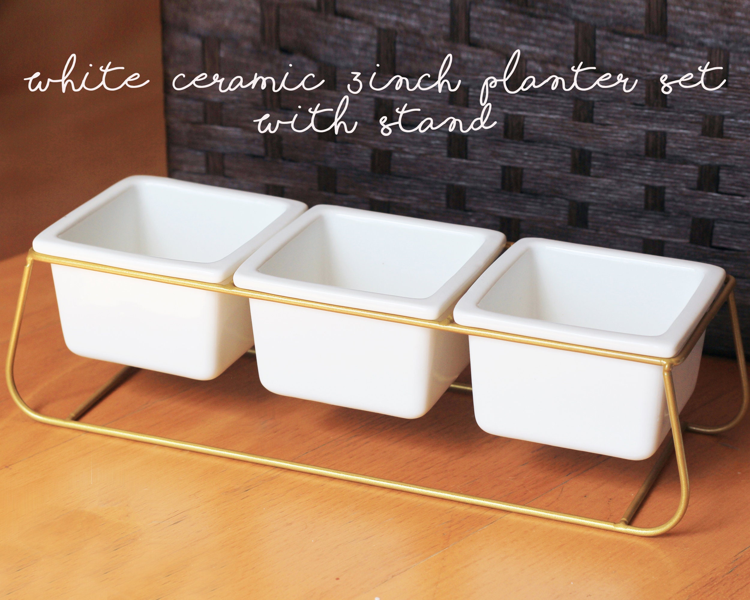 White Ceramic 3-pot Planter Set With Gold Metal Stand - Etsy