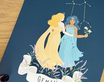 Gemini Zodiac Art Print: Twins, Constellation, Lavender Birth Flower