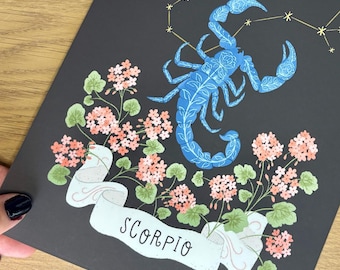 Scorpio Astrology Wall Print 8x10 – Constellation Scorpion with birth Flowers – Zodiac Home Décor Birthday Gift