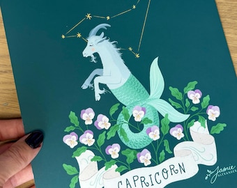 Impresión de arte mural del signo Capricornio (20 x 25 cm) – Cabra marina y flor de nacimiento – Astrología, decoración del hogar, regalo de cumpleaños