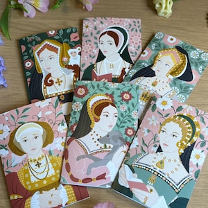 Jeu de cartes Portrait Queens des Tudor | 6 cartes de papeterie vierges représentant les femmes d'Henri VIII
