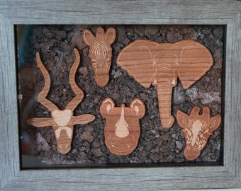 Paquete de 5 pines de madera - Animales de la sabana - Animales en peligro de extinción - Ecológicos - 20% de donación a organizaciones benéficas