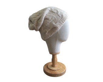 Natural White Braided Cable Knit Hat Silk and Alpaca Wool Blend 100% Natural Handmade Luxurious Unique Unisex Design Gift Idea
