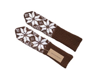 Brown and White Knit Mittens With Extra Long Sleeves Eco Alpaca Wool 100% Natural Handmade Luxurious Soft Warm Stretchy Unisex Design