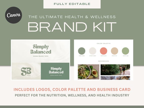 Brand Kit for NUTRITION, WELLNESS and HEALTH Professionals | Logo, Brand Colors, Business Card Design  | Fully Editable Canva Templates