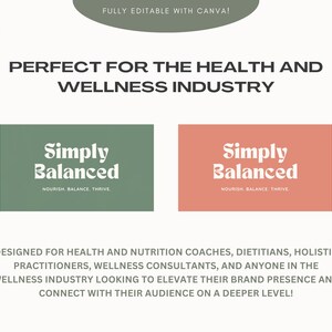 May include: Two logo designs for a wellness brand. The logos are both rectangular and feature the text "Simply Balanced" in a white retro font on a colored background. The first logo has a green background and the second logo has a peach background. Both logos include the tagline "Nourish Balance Thrive" in a smaller white font.
