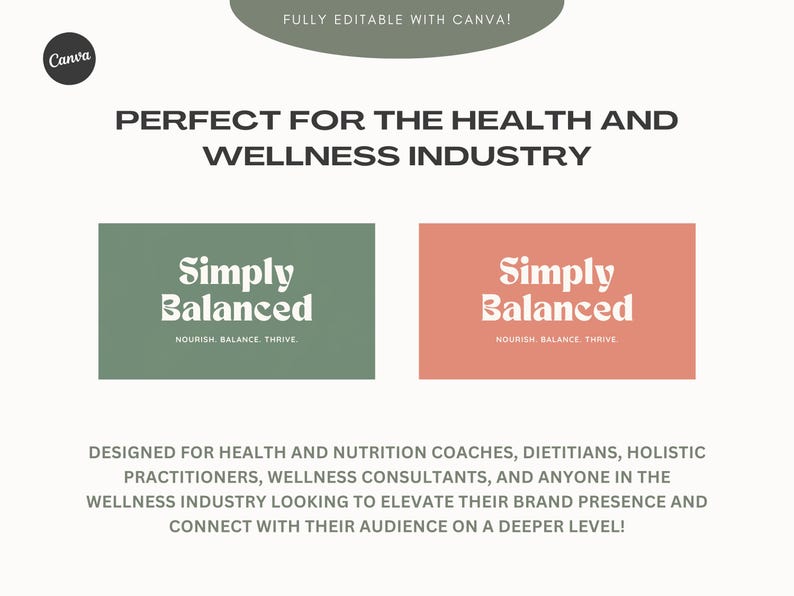 May include: Two logo designs for a wellness brand. The logos are both rectangular and feature the text "Simply Balanced" in a white retro font on a colored background. The first logo has a green background and the second logo has a peach background. Both logos include the tagline "Nourish Balance Thrive" in a smaller white font.