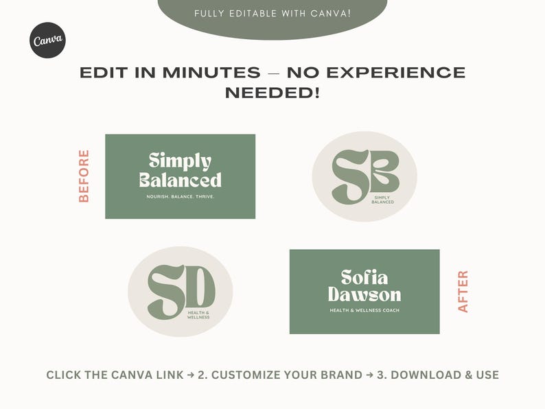May include: Before and after image showing how to create a logo using Canva. The before image shows a green rectangle with the text "Simply Balanced" and a green circle with the letters "SB". The after image shows a green rectangle with the text "Sofia Dawson Health & Wellness Coach" and a green circle with the letters "SD".