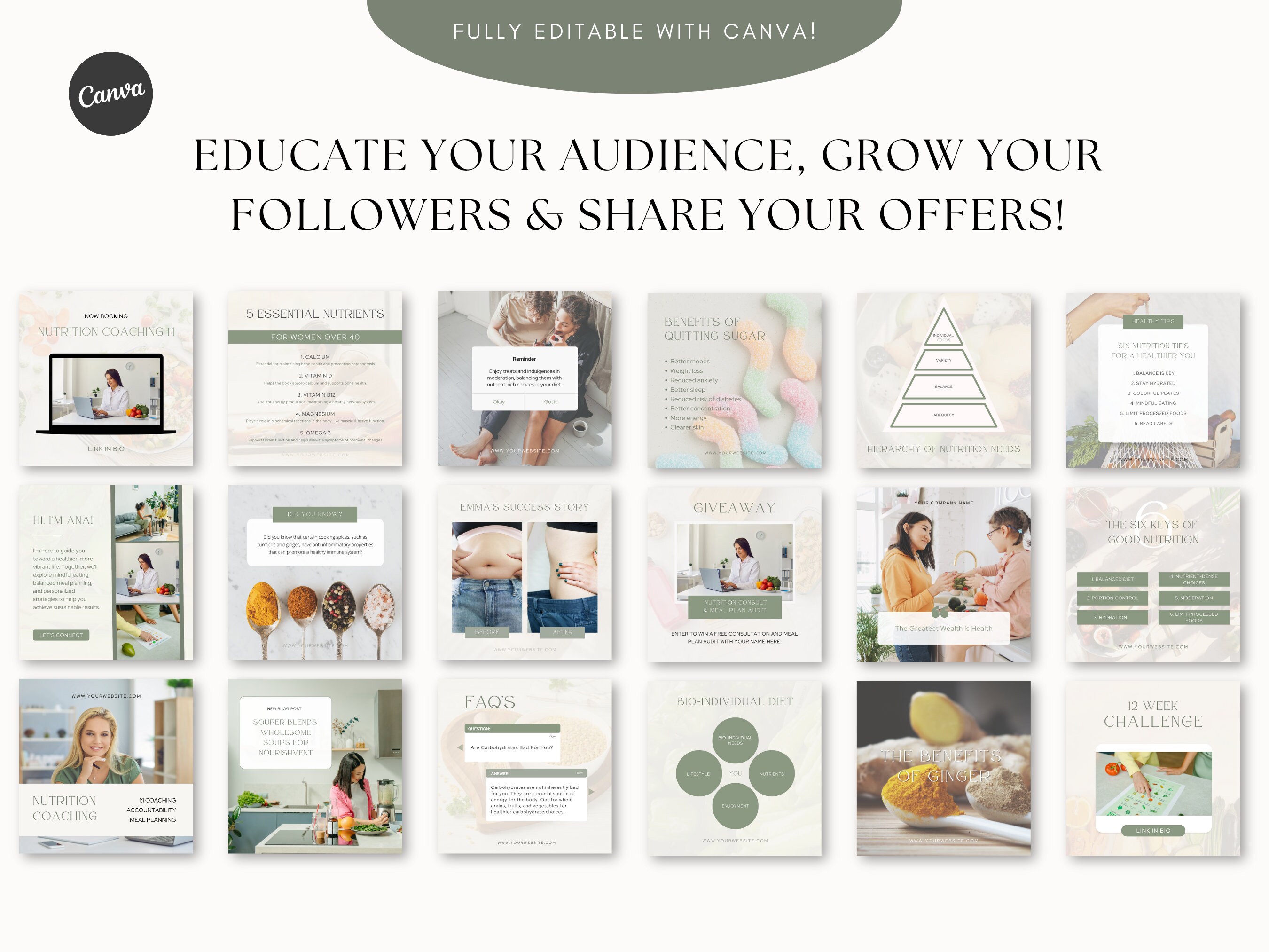 NUTRITION / WELLNESS - 225 Canva Social Media Templates | Health Coach ...