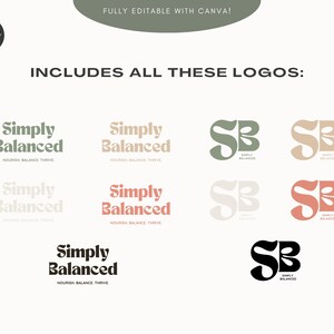 May include: A set of logos for a business called "Simply Balanced". The logos feature the words "Simply Balanced" in a variety of fonts and colors, as well as a stylized "SB" monogram. The text "Nourish, Balance, Thrive" appears below the logos.