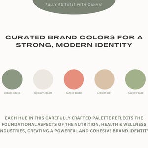 May include: A curated brand color palette with five colors: herbal green, coconut cream, papaya blush, apricot oat, and savory sage. The text "CURATED BRAND COLORS FOR A STRONG, MODERN IDENTITY" is at the top of the image. The text "EACH HUE IN THIS CAREFULLY CRAFTED PALETTE REFLECTS THE FOUNDATIONAL ASPECTS OF THE NUTRITION, HEALTH & WELLNESS INDUSTRIES, CREATING A POWERFUL AND COHESIVE BRAND IDENTITY" is at the bottom of the image.