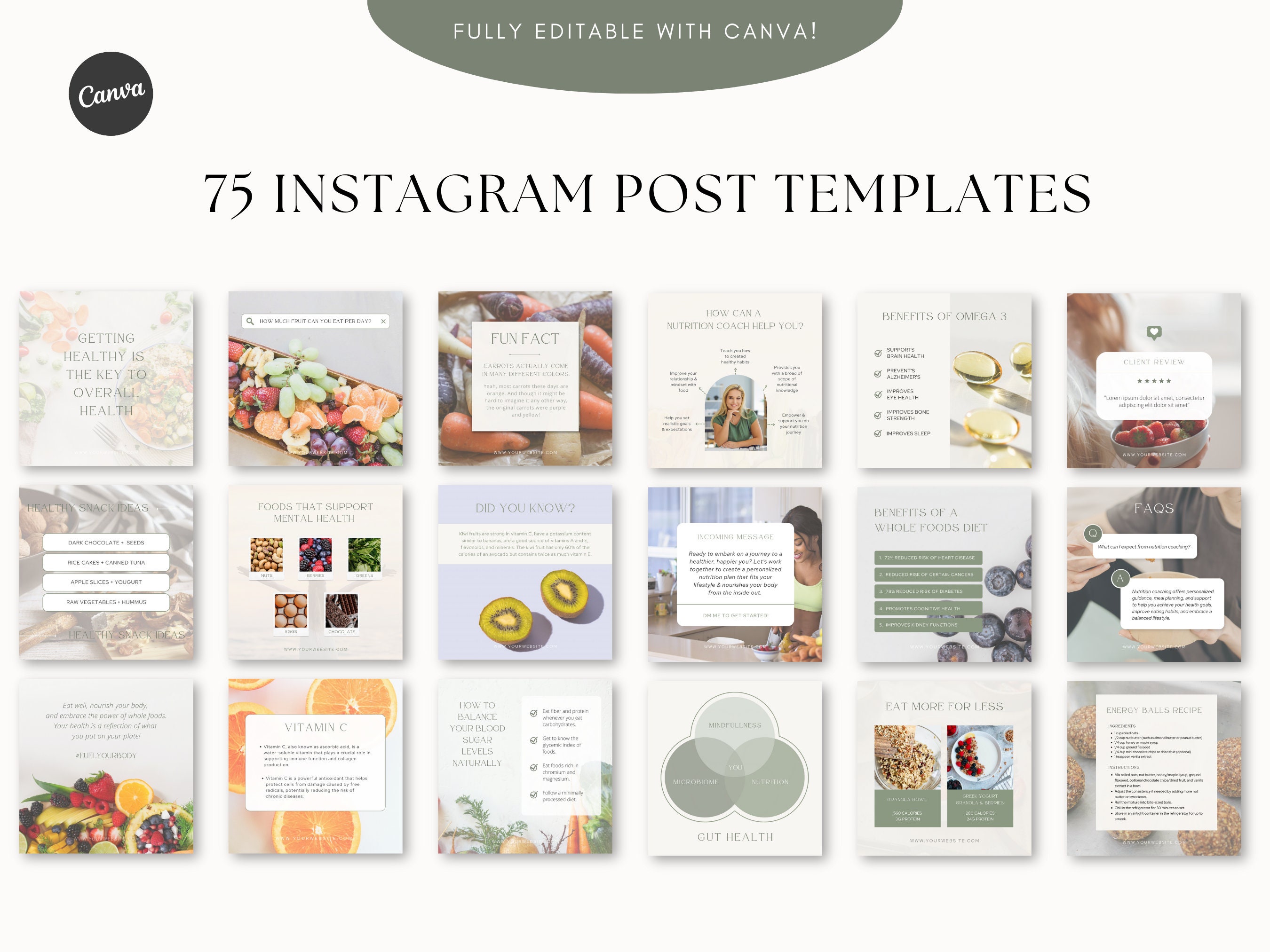 NUTRITION / WELLNESS - 225 Canva Social Media Templates | Health Coach ...