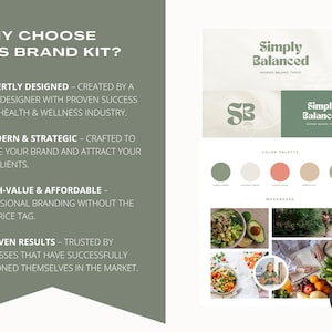 May include: A green and white graphic with the text "Why Choose This Brand Kit?" and a checklist of four reasons. The checklist includes the following: Expertly Designed, Modern & Strategic, High-Value & Affordable, Proven Results. The graphic also includes a mockup of a brand kit with the text "Simply Balanced" and a color palette.