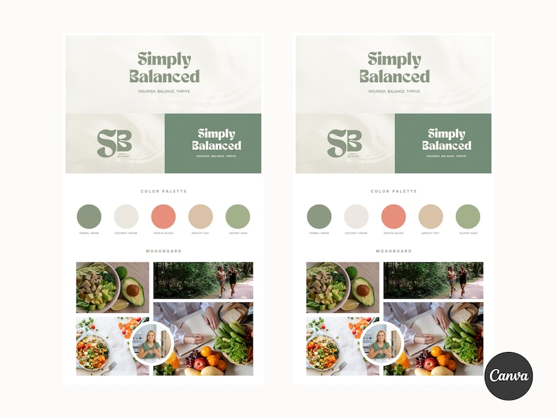 May include: A brand identity design for a company called "Simply Balanced". The design includes a logo with the initials "SB" in a green and white color scheme, a color palette with five colors, and a mood board with images of healthy food, exercise, and nature.