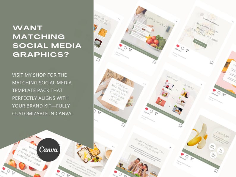 May include: A collection of social media graphics for a health and wellness brand. The graphics feature colorful images of fruits, vegetables, and healthy food. The text on the graphics includes phrases like "Nourish your body with colorful foods" and "What you need to know before you start your health journey."