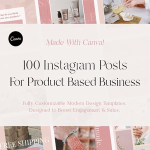 Peut inclure: Une collection de 100 modèles de publications Instagram personnalisables pour les entreprises axées sur les produits. Les modèles présentent un schéma de couleurs rose et blanc et incluent du texte tel que "Made With Canva!" et "100 publications Instagram pour les entreprises axées sur les produits".