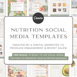 NUTRITION / WELLNESS - 225 Canva Social Media Templates | Health Coach Canva Templates  | Nutritionist Social Media Graphics + FREE Bonus