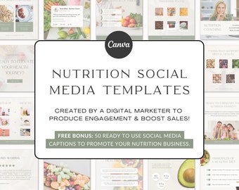 NUTRITION / WELLNESS - 225 Canva Social Media Templates | Health Coach Canva Templates  | Nutritionist Social Media Graphics + FREE Bonus