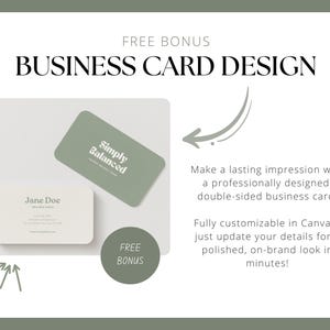 May include: A free bonus business card design template featuring a green and white color scheme. The front of the card says "Simply Balanced" and the back says "Jane Doe".