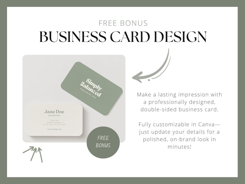 May include: A free bonus business card design template featuring a green and white color scheme. The front of the card says "Simply Balanced" and the back says "Jane Doe".