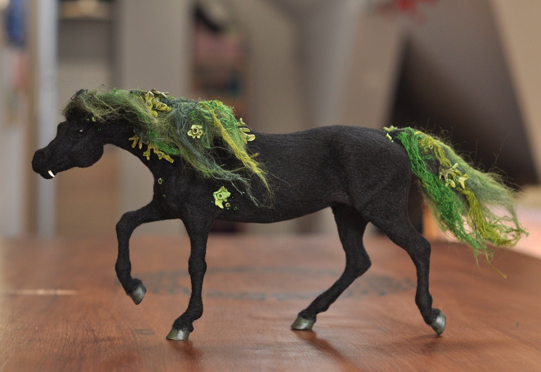 Kelpie Horse Realistic Felted Figurine, Fantasy Black Sculpture