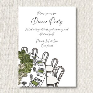 May include: A black and white illustration of a dinner party invitation with a table setting and chairs. The text reads "Please join us for Dinner Party filled with gratitude, good company, and delicious food! March 3rd at 5pm Our place."