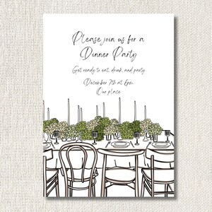 May include: White invitation card with a dinner party theme. The card features a table setting with candles, flowers, and place settings. The text reads "Please join us for a Dinner Party" and event details.