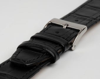 Correa de reloj negra con textura de cocodrilo y extremos abiertos, barra fija, de 12 mm a 20 mm.