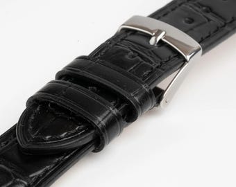 Handmade Italian Leather Alligator Grain Black Watch Strap 18mm, 20mm, 22mm