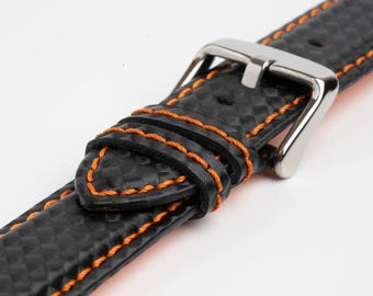 Black Carbon Effect Orange Stitch Water Resistant Synthetic/Vegan Watch Strap 18mm, 20mm, 22mm, 24mm
